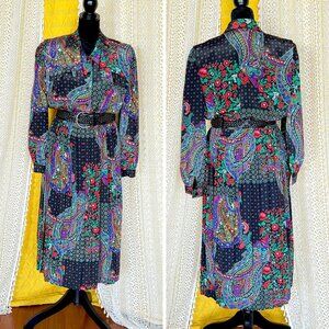 VTG 80s Maximalist Accordion Pleat Sz 12 Mixed Print Floral & Paisley Midi Dress